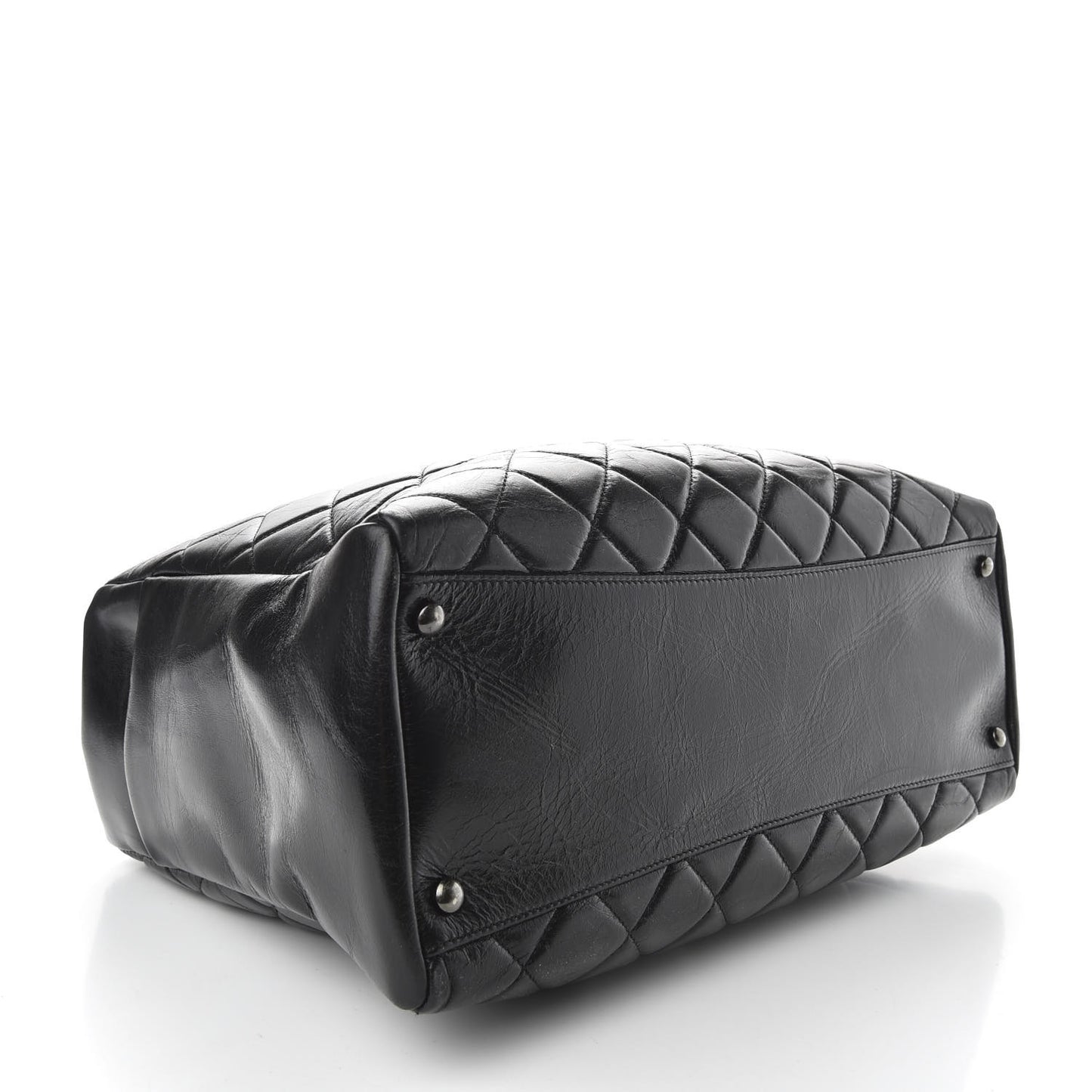 Glazed Calfskin Quilted Large Nameplate Shopping Tote Black