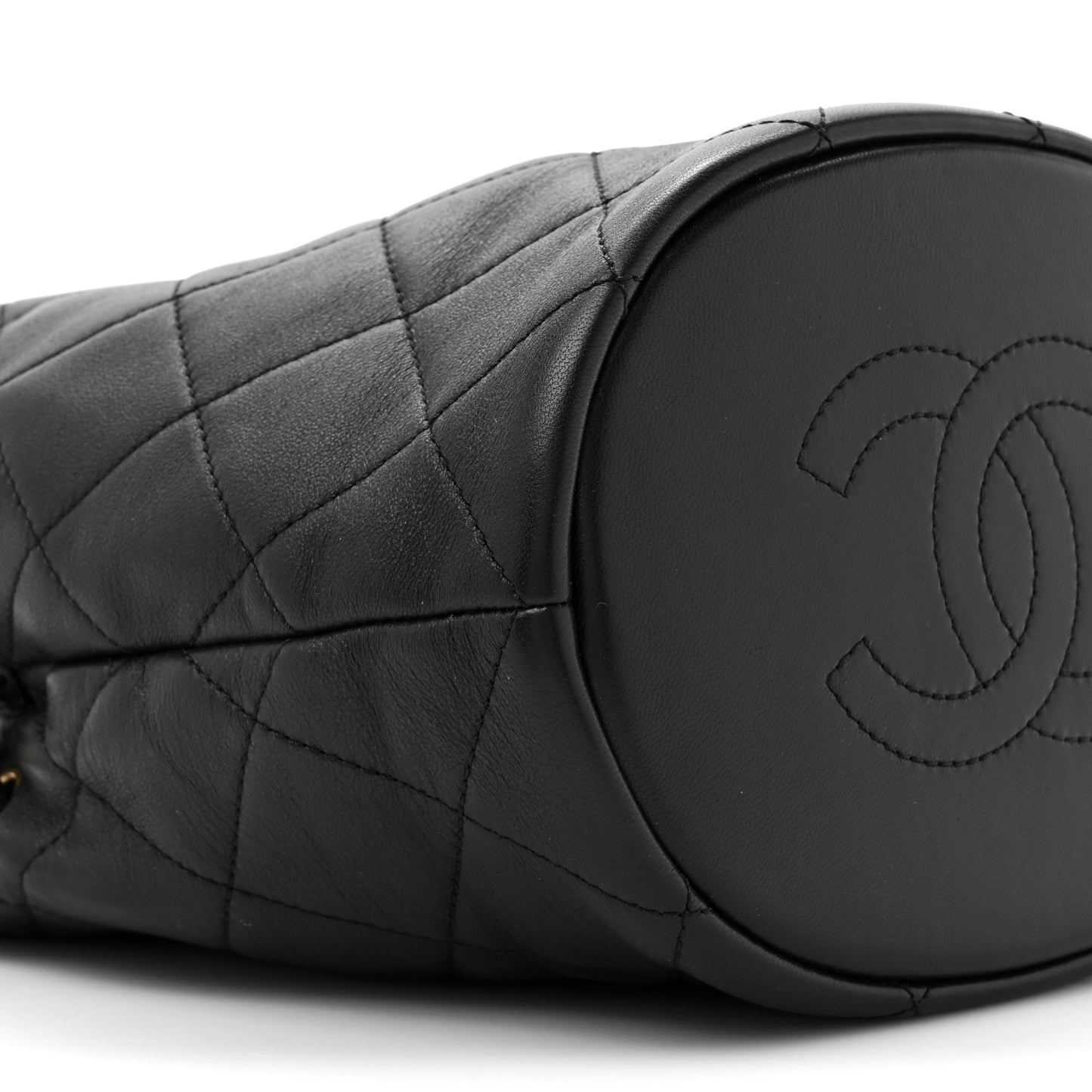Shiny Lambskin Quilted Chain Is More Drawstring Bag Black