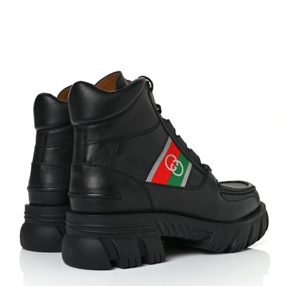 Gucci Quebec Calfskin Web Mens Interlocking G Lace Up Combat Boots 10 Black Mystic White Green Red 4 of 8
