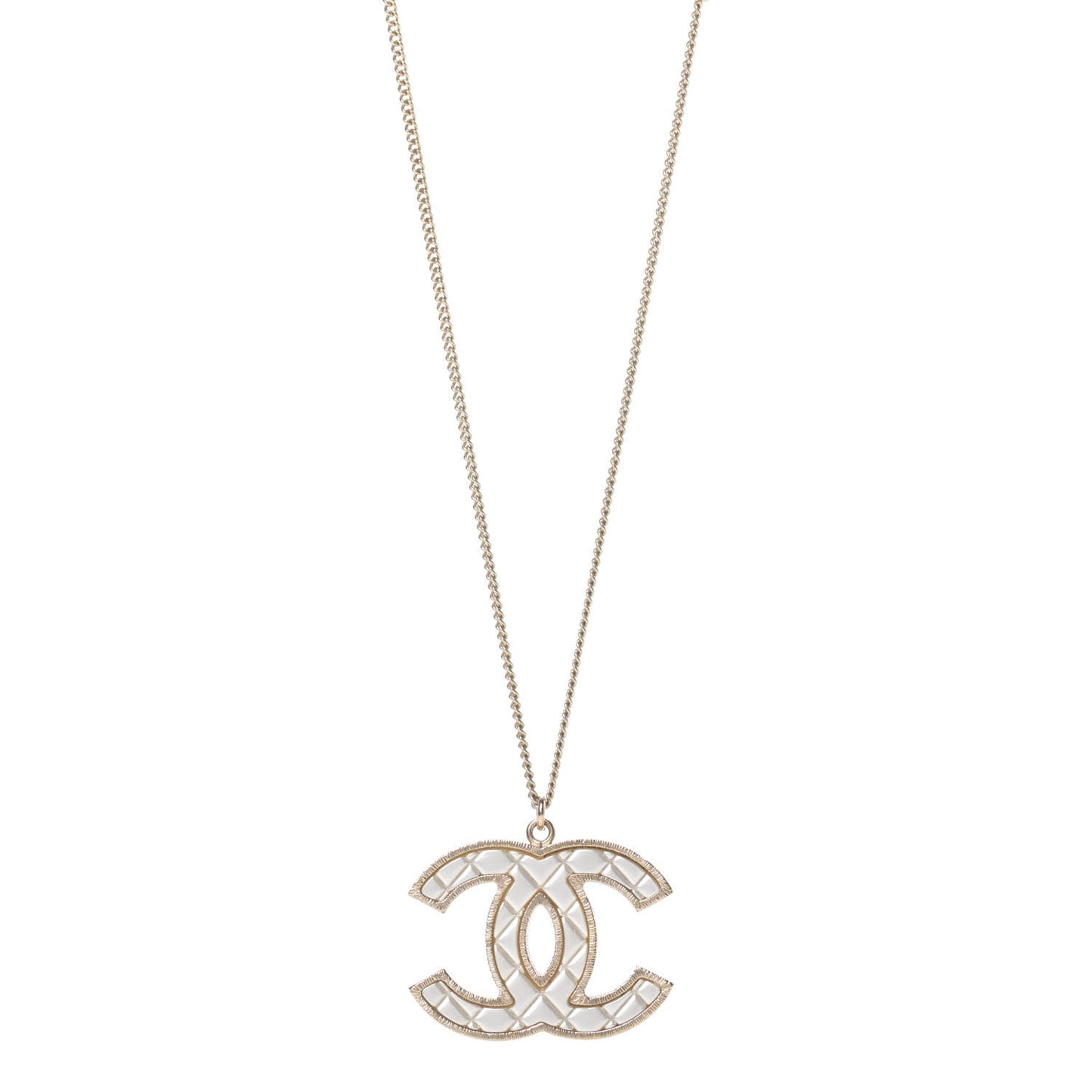 Metal Quilted CC Pendant Necklace Gold White
