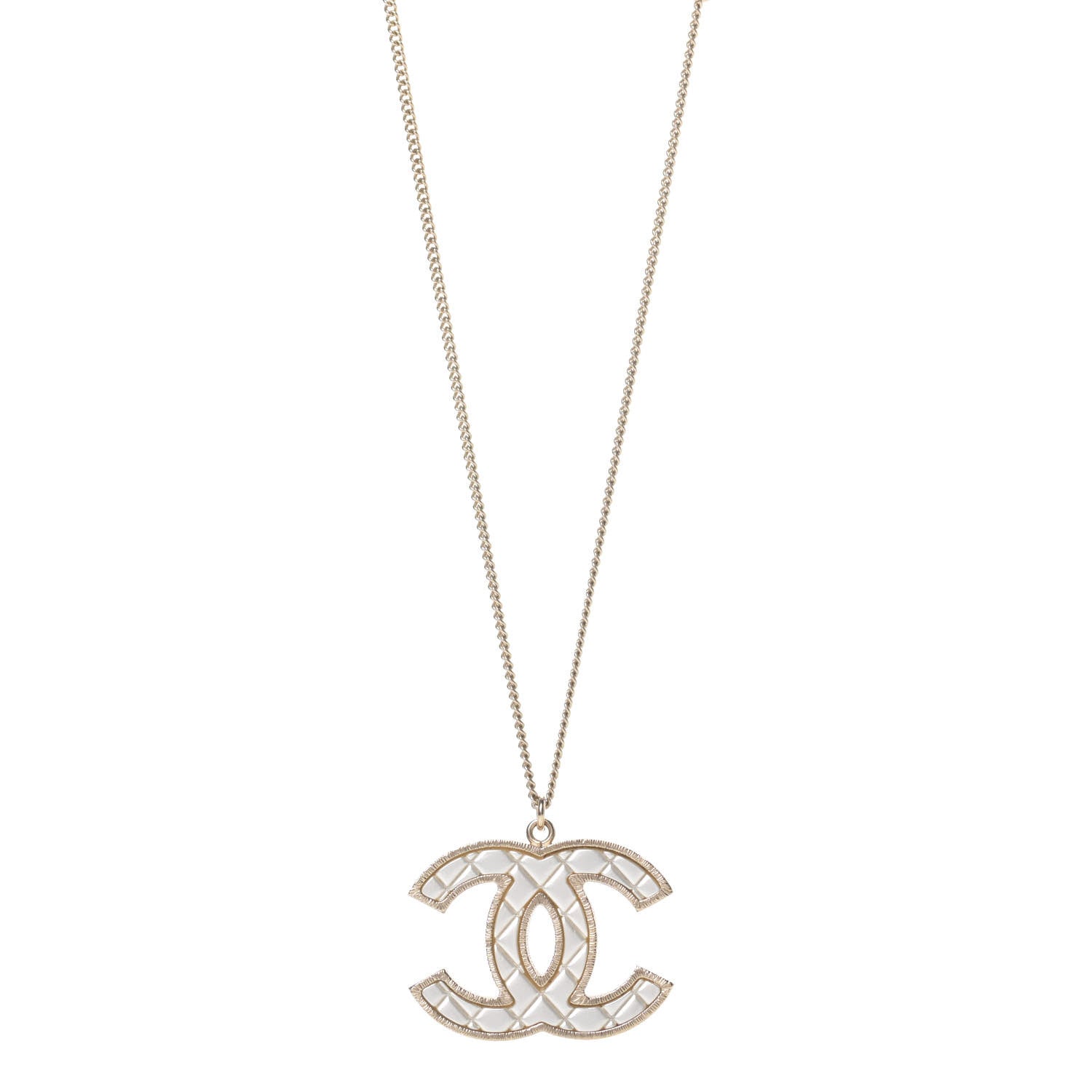 Chanel Metal Quilted CC Pendant Necklace Gold White 1 of 4