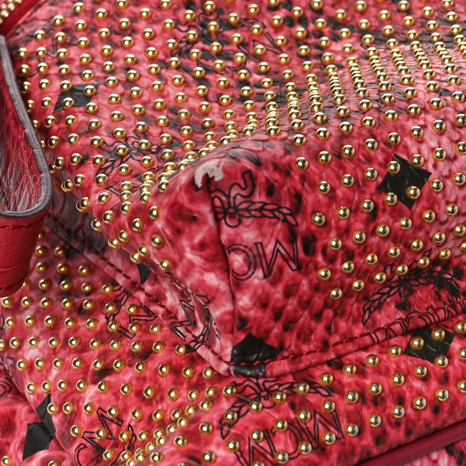 MCM Snakeskin Embossed Visetos Studded Medium Stark Backpack Red Pink 10 of 12