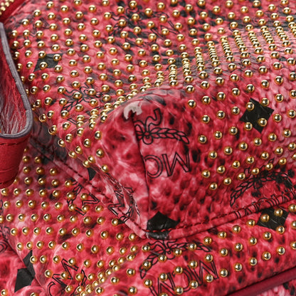 MCM Snakeskin Embossed Visetos Studded Medium Stark Backpack Red Pink 10 of 12