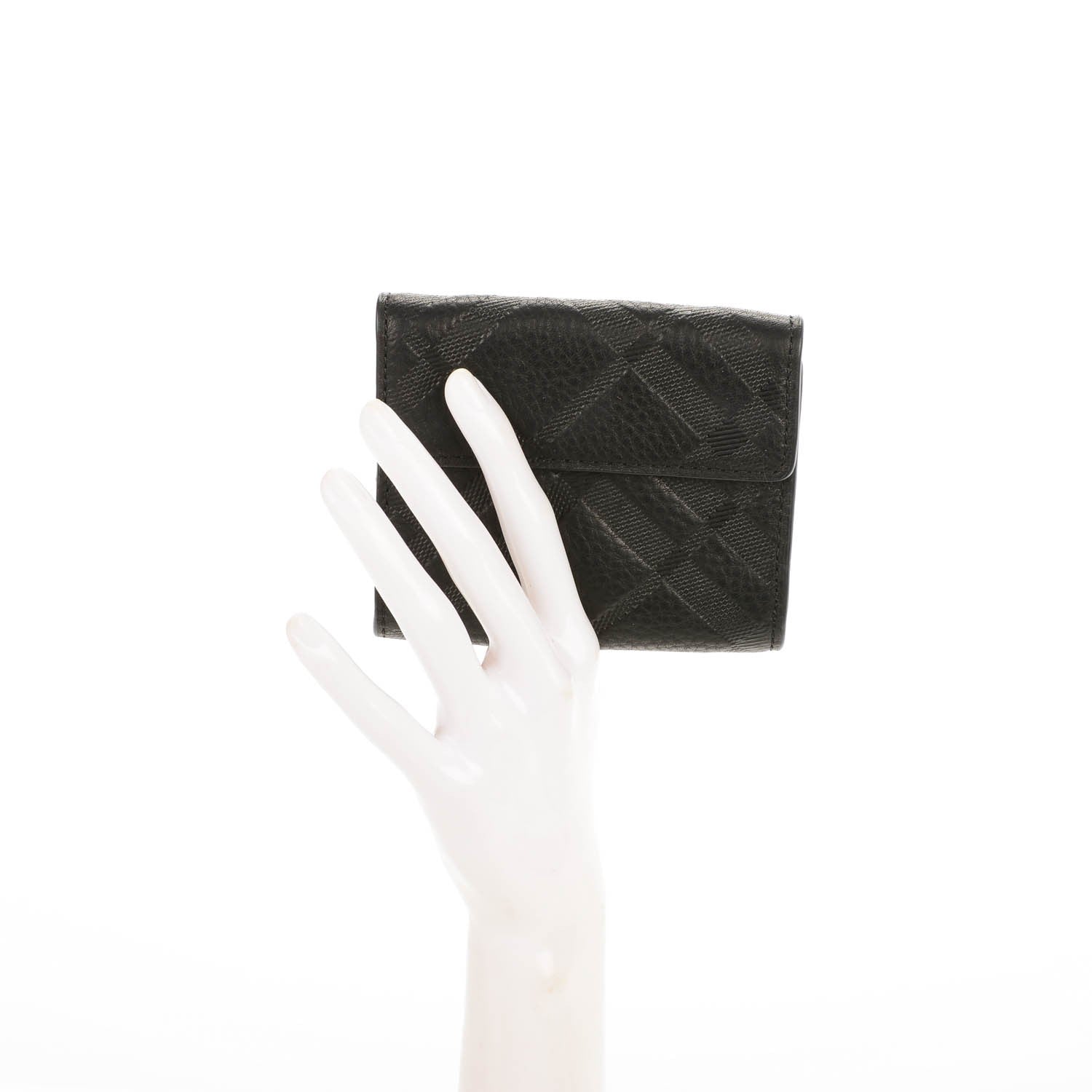 Burberry Signature Grain Calfskin Check Embossed Compact Wallet Black 2 of 8
