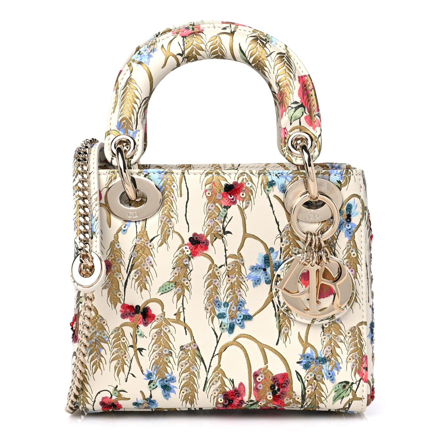 Calfskin Hibiscus Printed Embroidered Mini Lady Dior Beige Multicolor