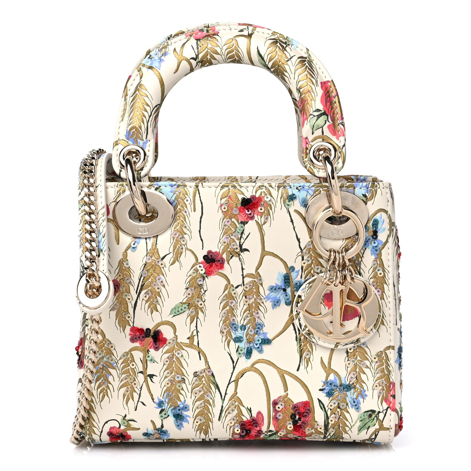 Christian Dior Calfskin Hibiscus Printed Embroidered Mini Lady Dior Beige Multicolor 1 of 8