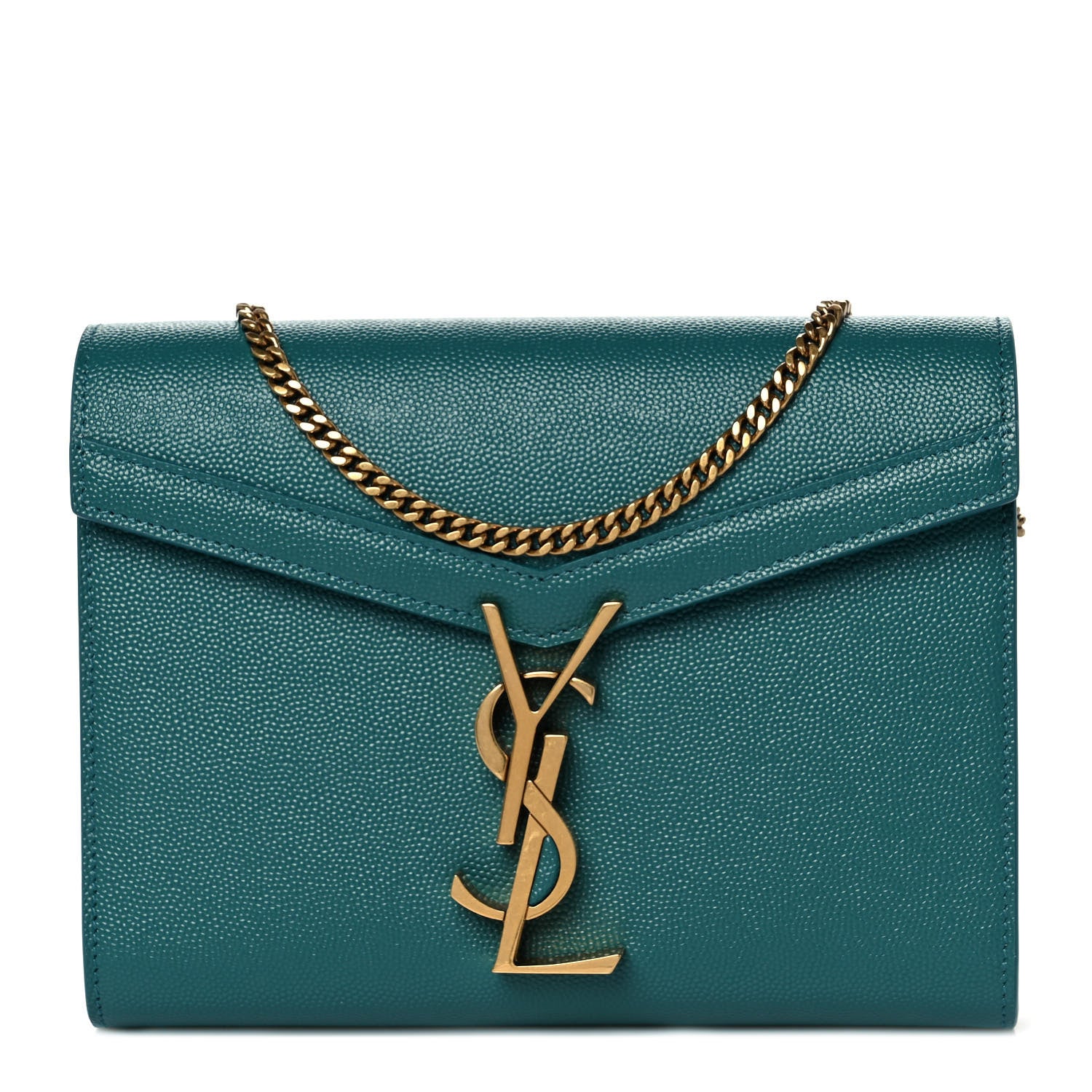 Saint Laurent Grain De Poudre Monogram Cassandra Chain Wallet Teal 1 of 9