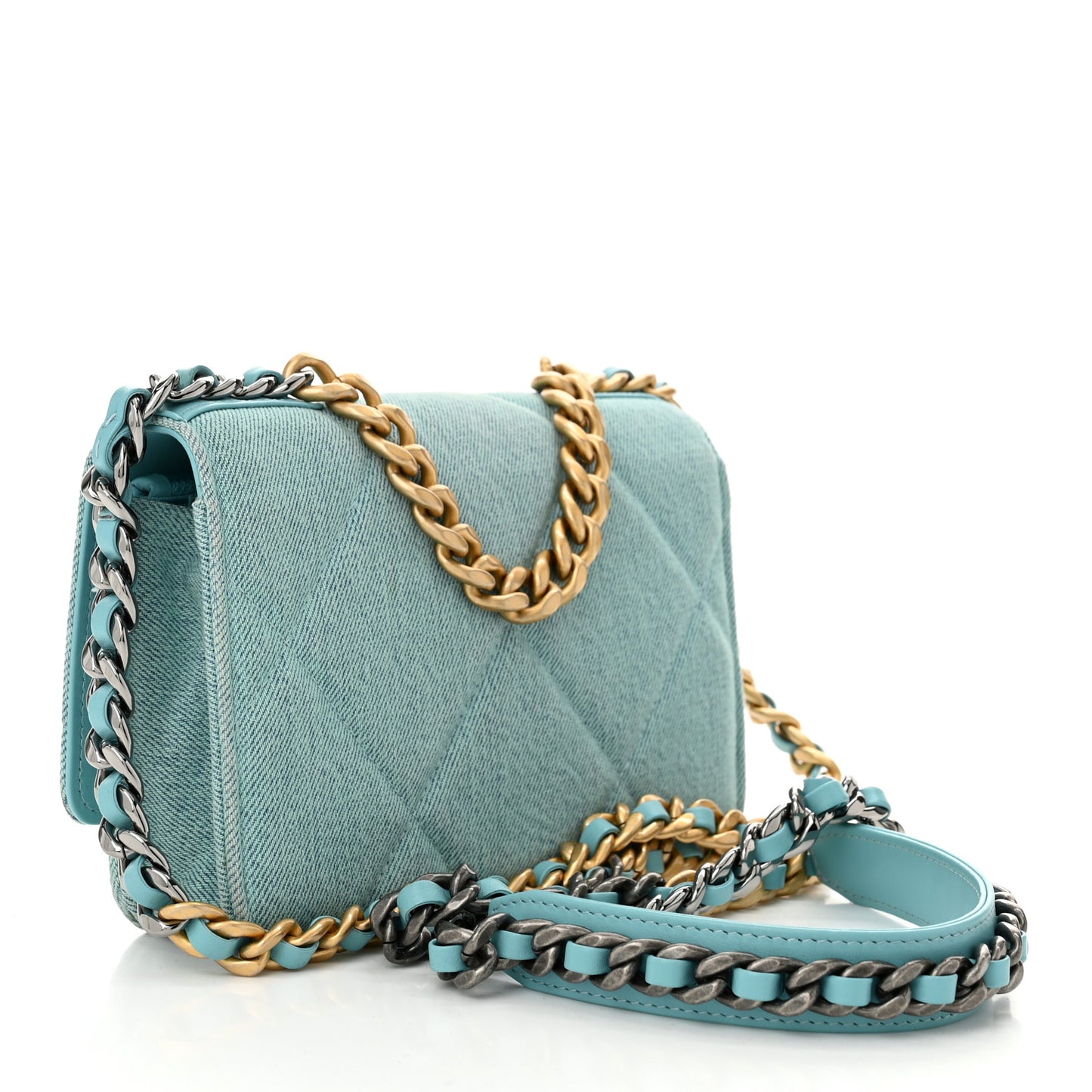 Denim Quilted Chanel 19 Wallet On Chain WOC Neon Blue