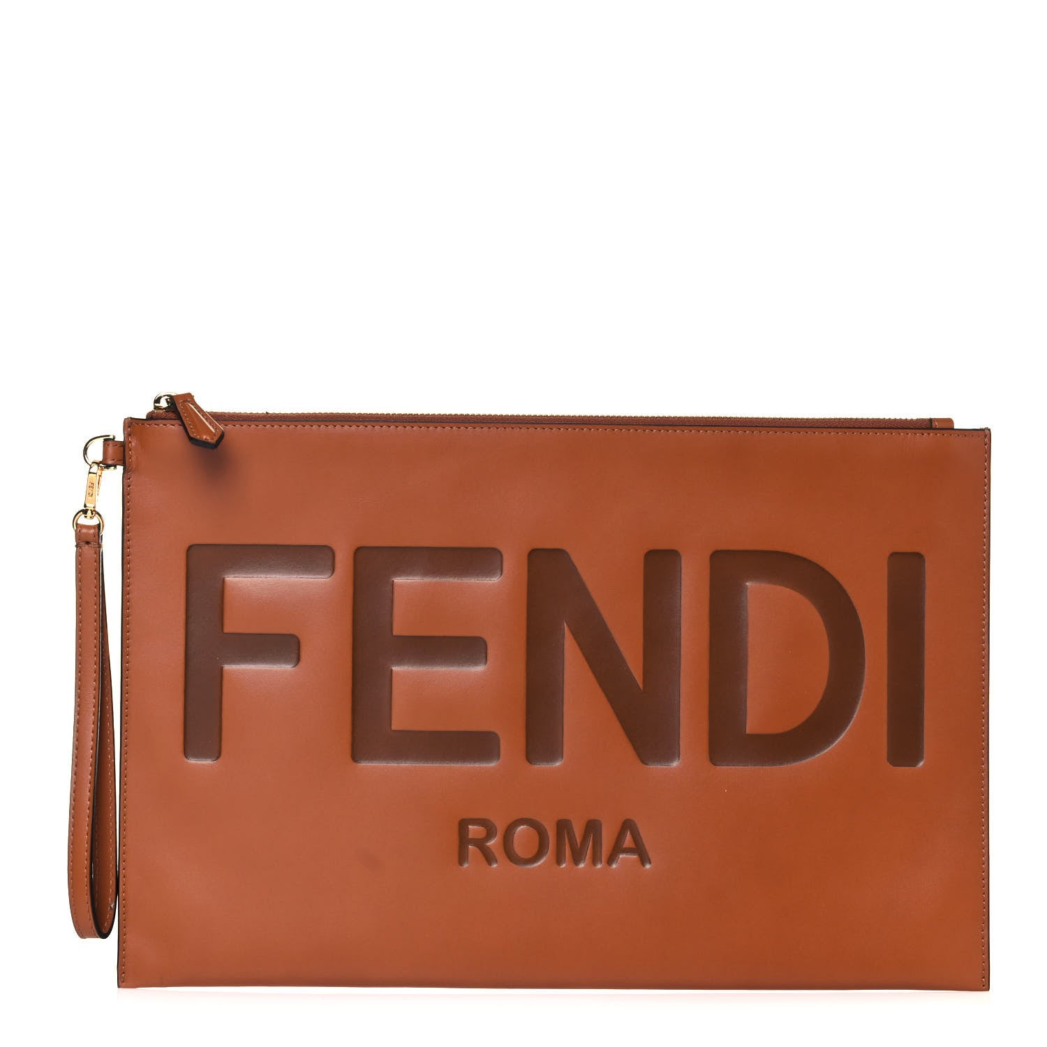 Fendi Vitello King Logo Embossed Large Flat Pouch Cuoio 1 of 12