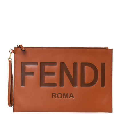 Fendi Vitello King Logo Embossed Large Flat Pouch Cuoio 1 of 12