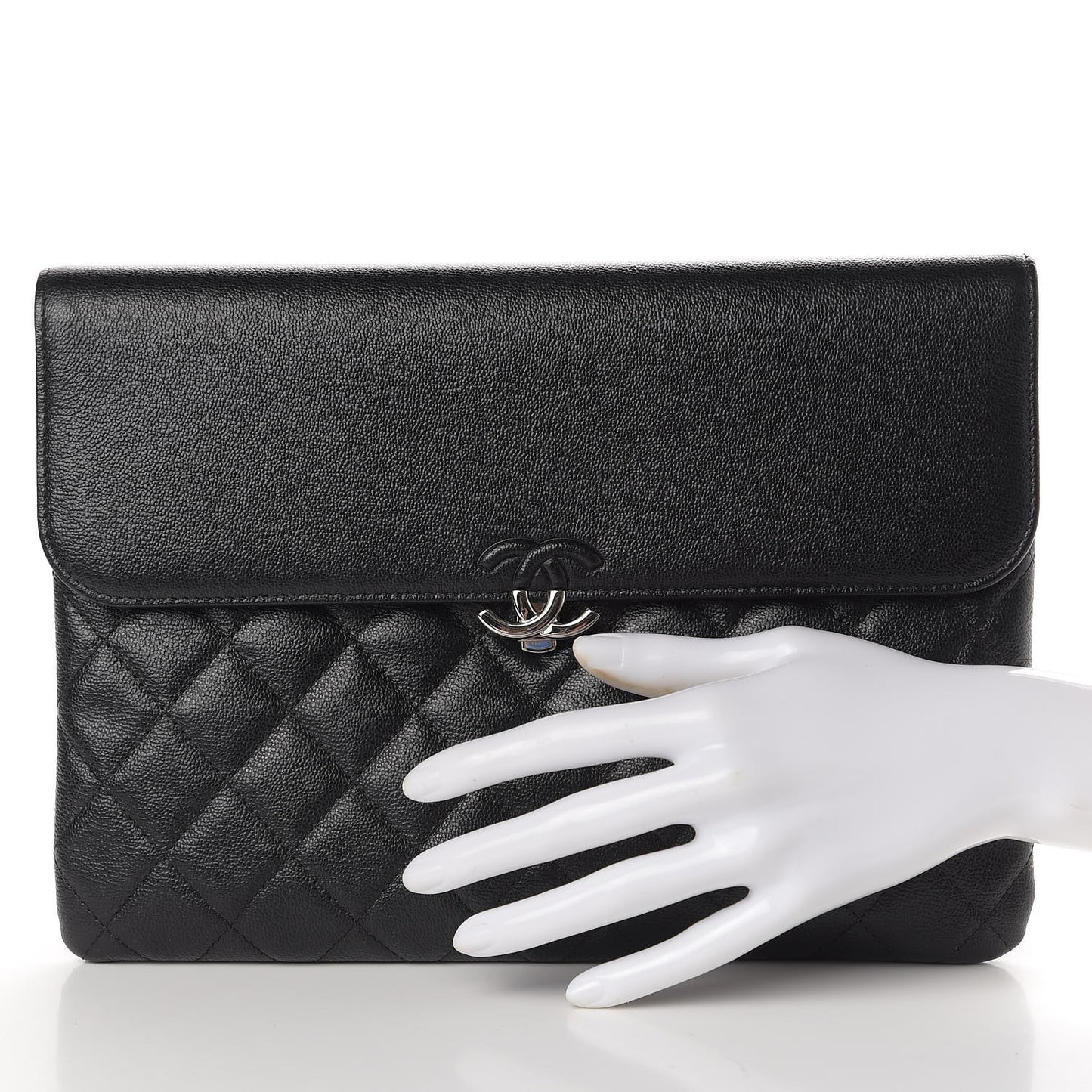 Grained Calfskin Quilted CC Box Pouch Black