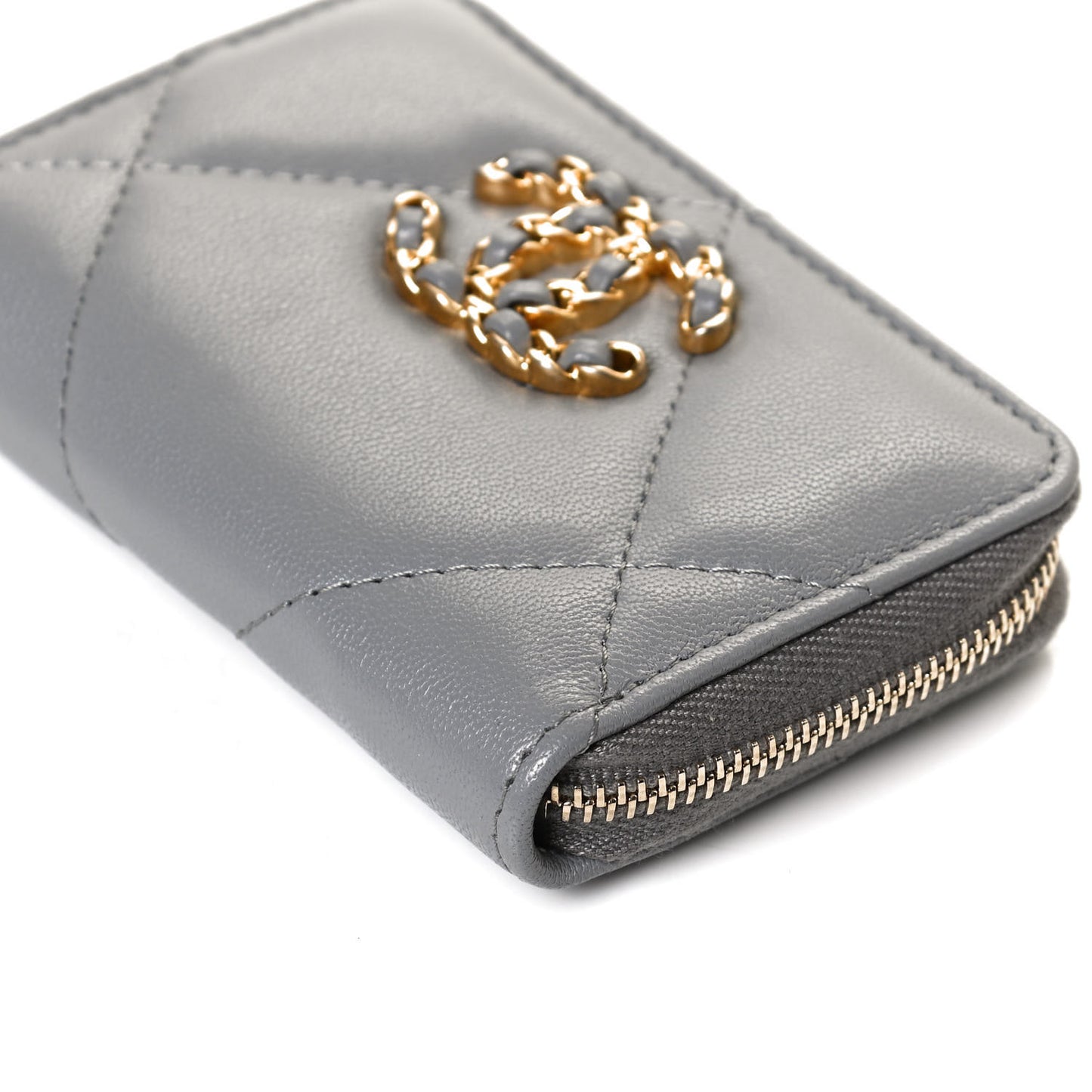 Lambskin Quilted Chanel 19 Zip Around Coin Purse Wallet Grey
