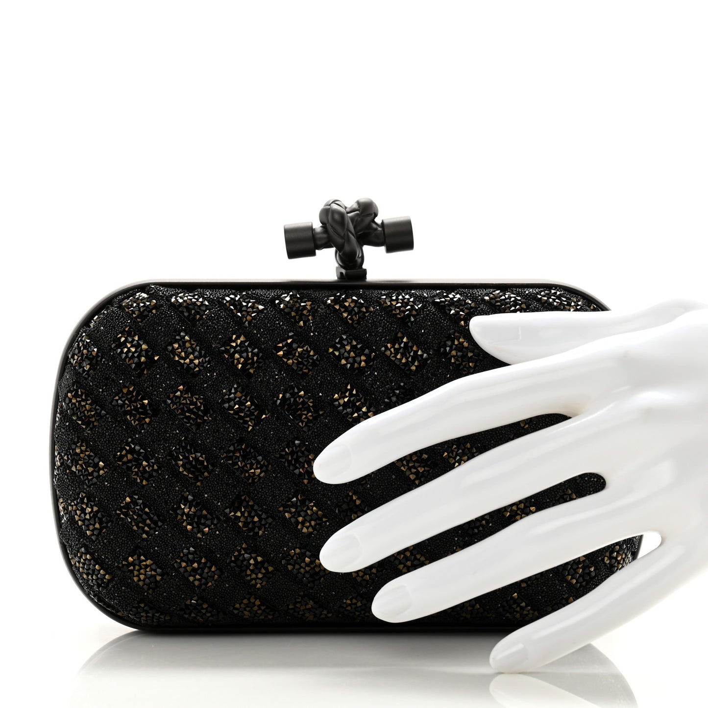 Crystal Bead Embellished Intrecciato Knot Clutch Black