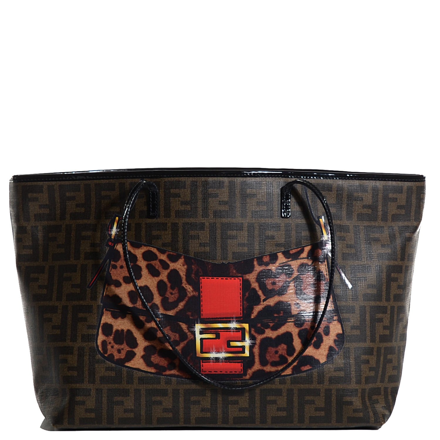 Fendi Zucca Spalmati Patent Baguette Print Medium Roll Tote Tobacco 10 of 18