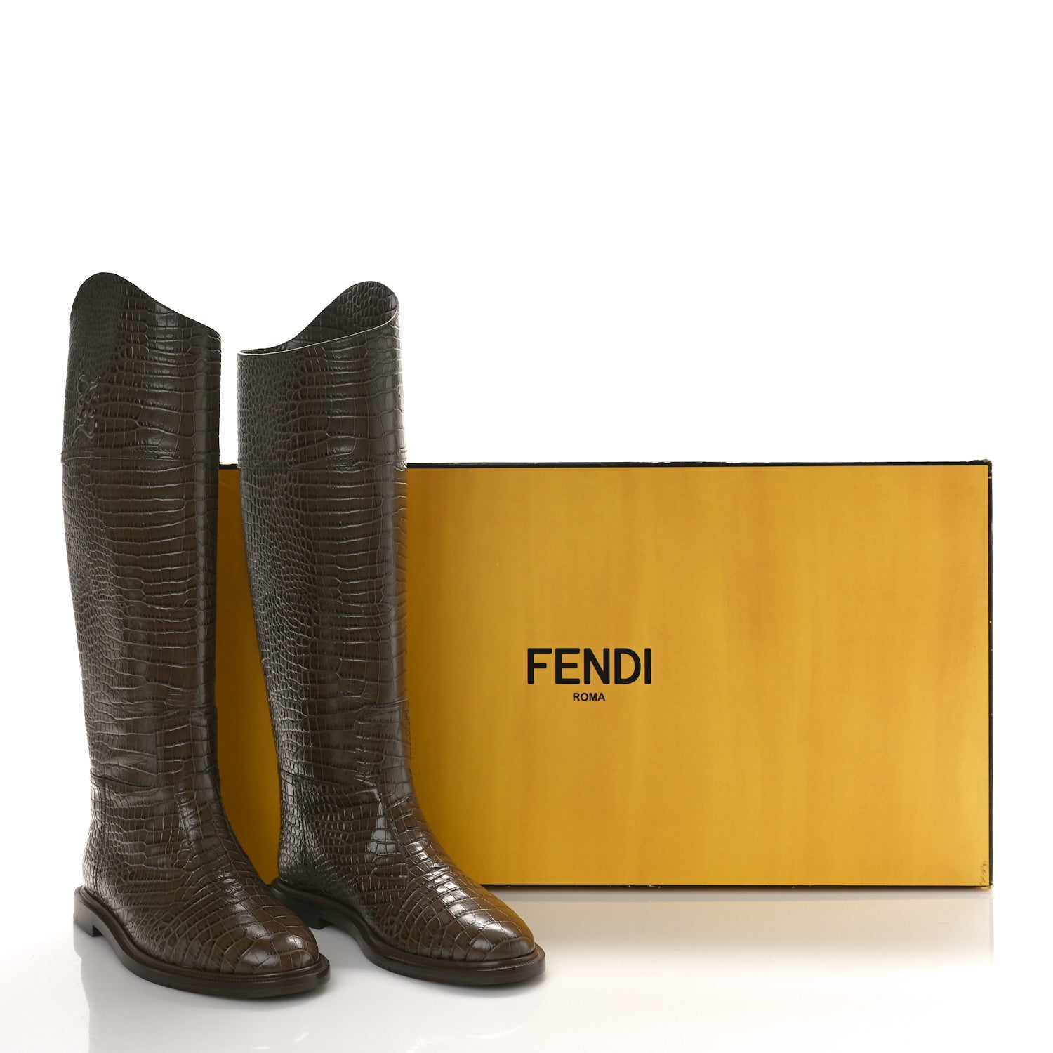 Fendi Calfskin Crocodile Embossed Karligraphy Logo Riding Boots 38 Maya 8 of 9
