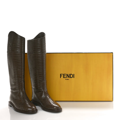 Fendi Calfskin Crocodile Embossed Karligraphy Logo Riding Boots 38 Maya 8 of 9