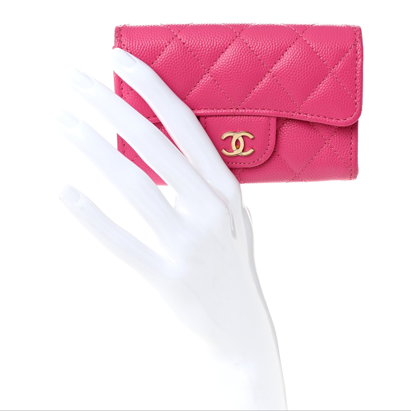 Caviar Quilted Flap Card Holder Wallet Dark Pink