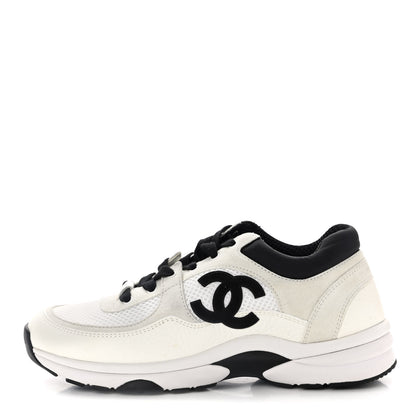 Chanel Mesh Suede Calfskin Grained Calfskin Womens CC Sneakers 37.5 White Black 1 of 7