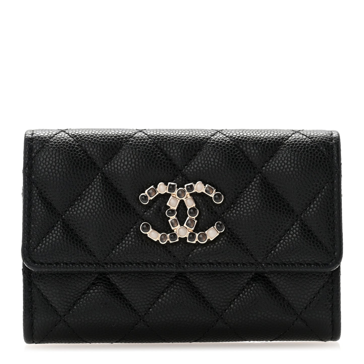 Shiny Caviar Enamel Quilted CC Flap Card Holder Black