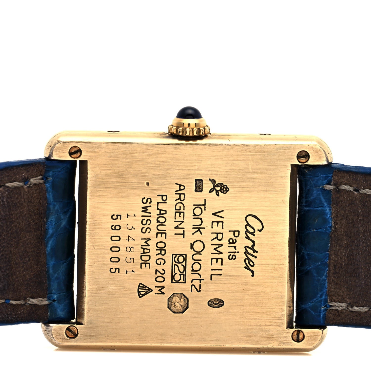Cartier Sterling Silver Vermeil Alligator 23mm Must de Cartier Tank Quartz Watch Blue 4 of 4