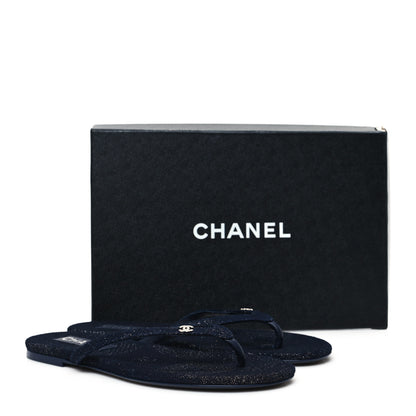 Chanel Cotton SIlk Crystal CC Thong Sandals 40 Dark Blue Silver 10 of 10