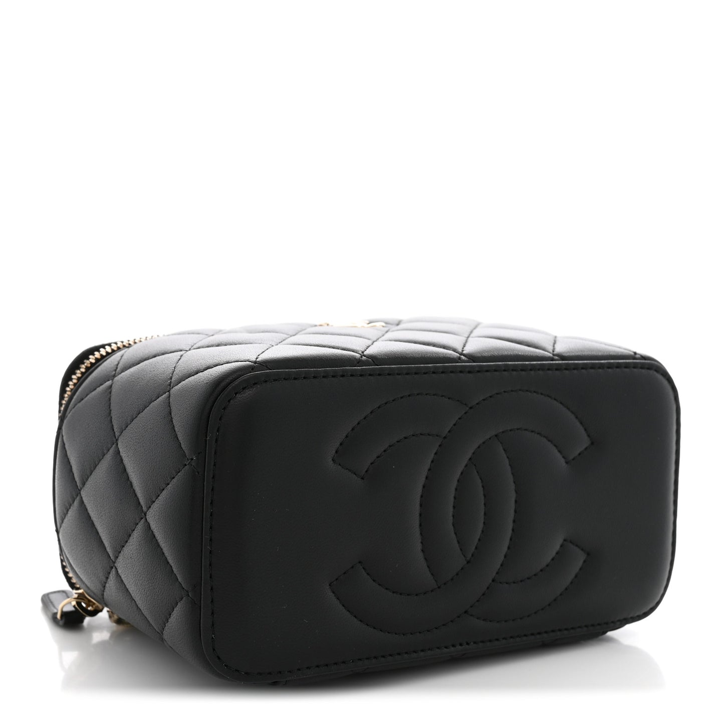 Lambskin Quilted Trendy Small Top Handle Vanity Case With Chain Black