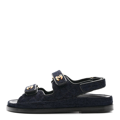 Chanel Velvet Velcro Dad Sandals 37.5 Navy Blue 1 of 9