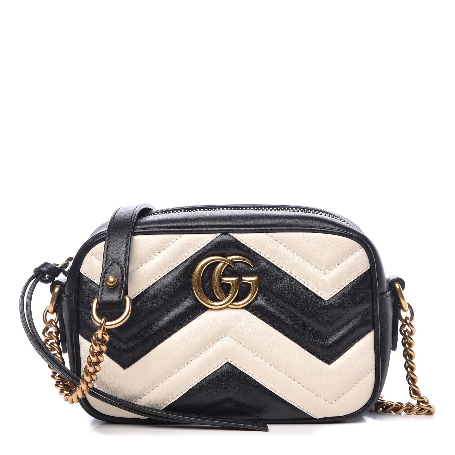 Gucci Calfskin Matelasse Mini GG Marmont Chain Shoulder Bag Black White 1 of 7