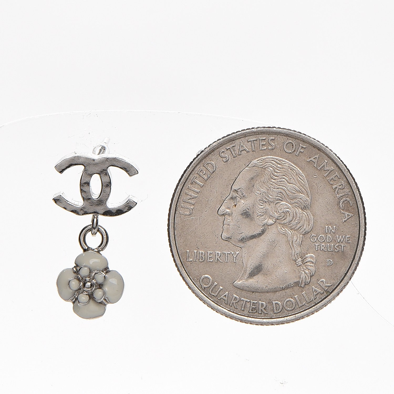Chanel Enamel CC Camellia Drop Earrings Silver 3 of 4
