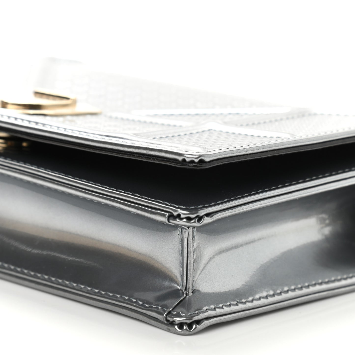 Metallic Patent Micro-Cannage Diorama Wallet on Chain Pouch Silver