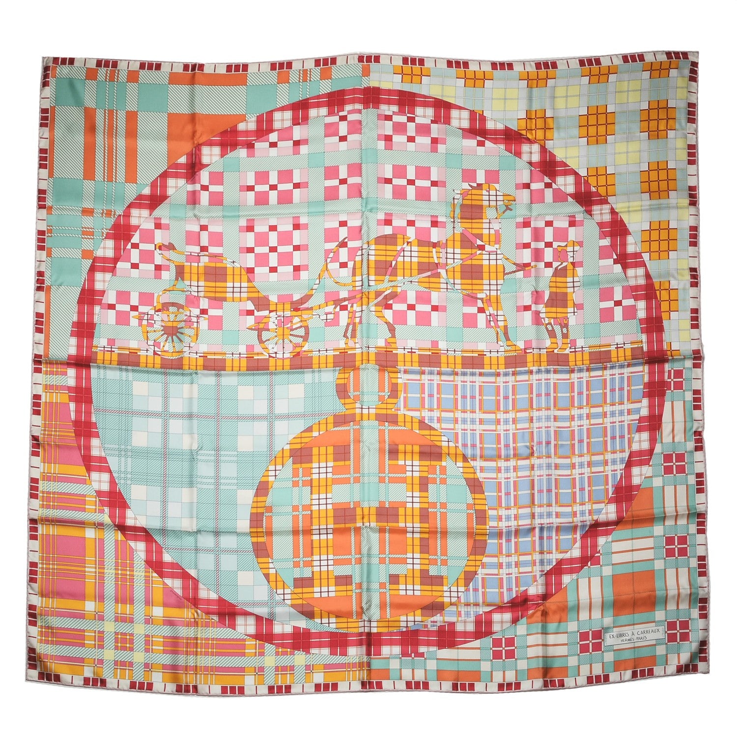 Hermes Silk Ex-Libris A Carreaux Shawl 140 Vert D Eau Framboise Soleil 1 of 7