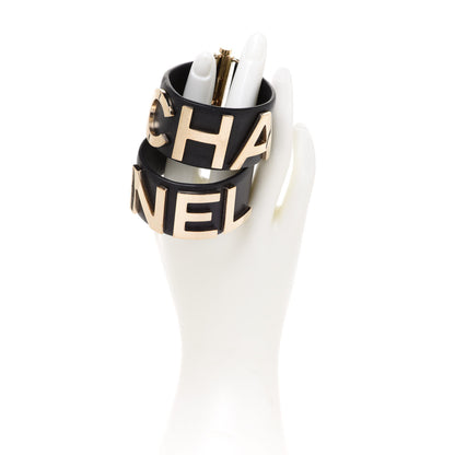Chanel Lambskin Cha-Nel Logo Cuff Set S Gold Black 2 of 7