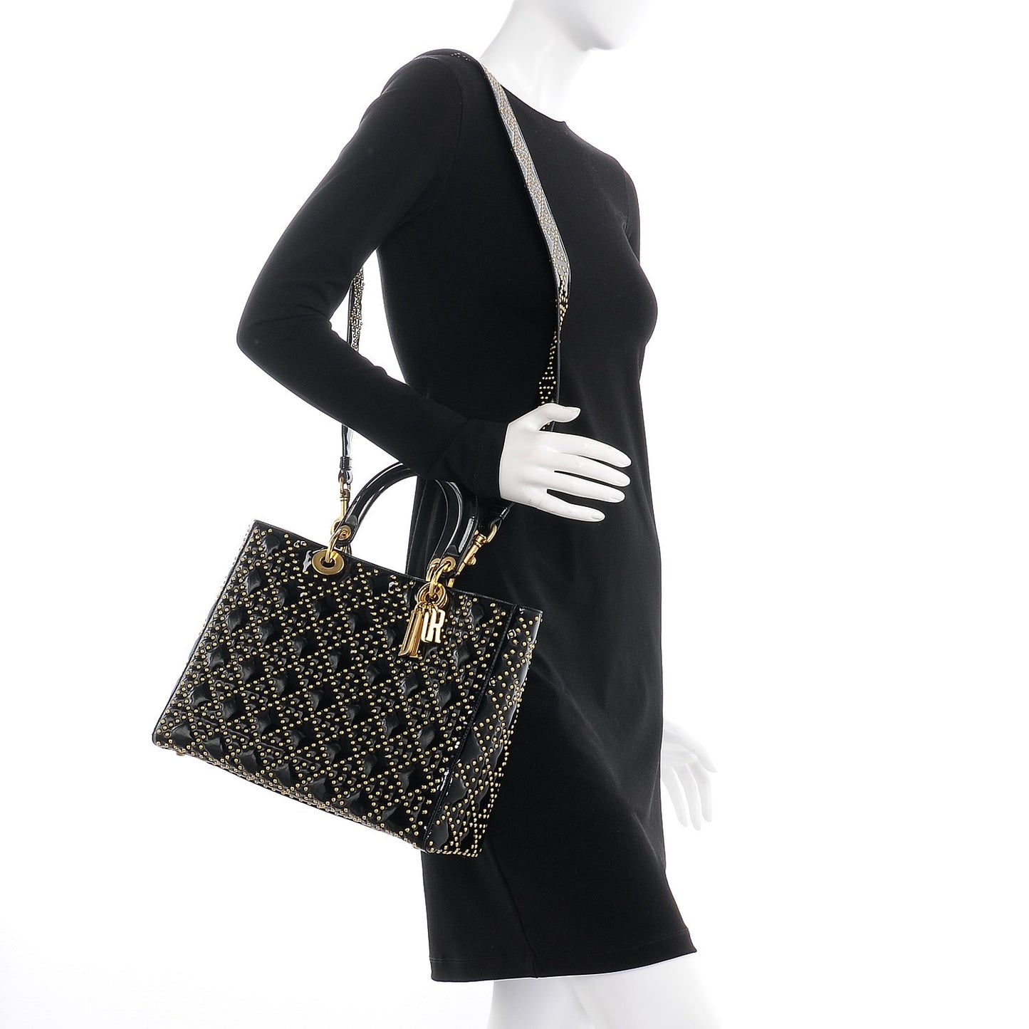 Patent Cannage Studded Large Lady Dior Black