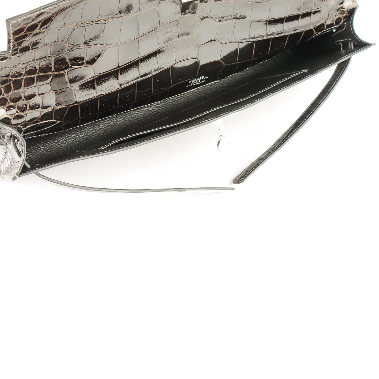Shiny Porosus Crocodile Kelly Cut Pochette Graphite