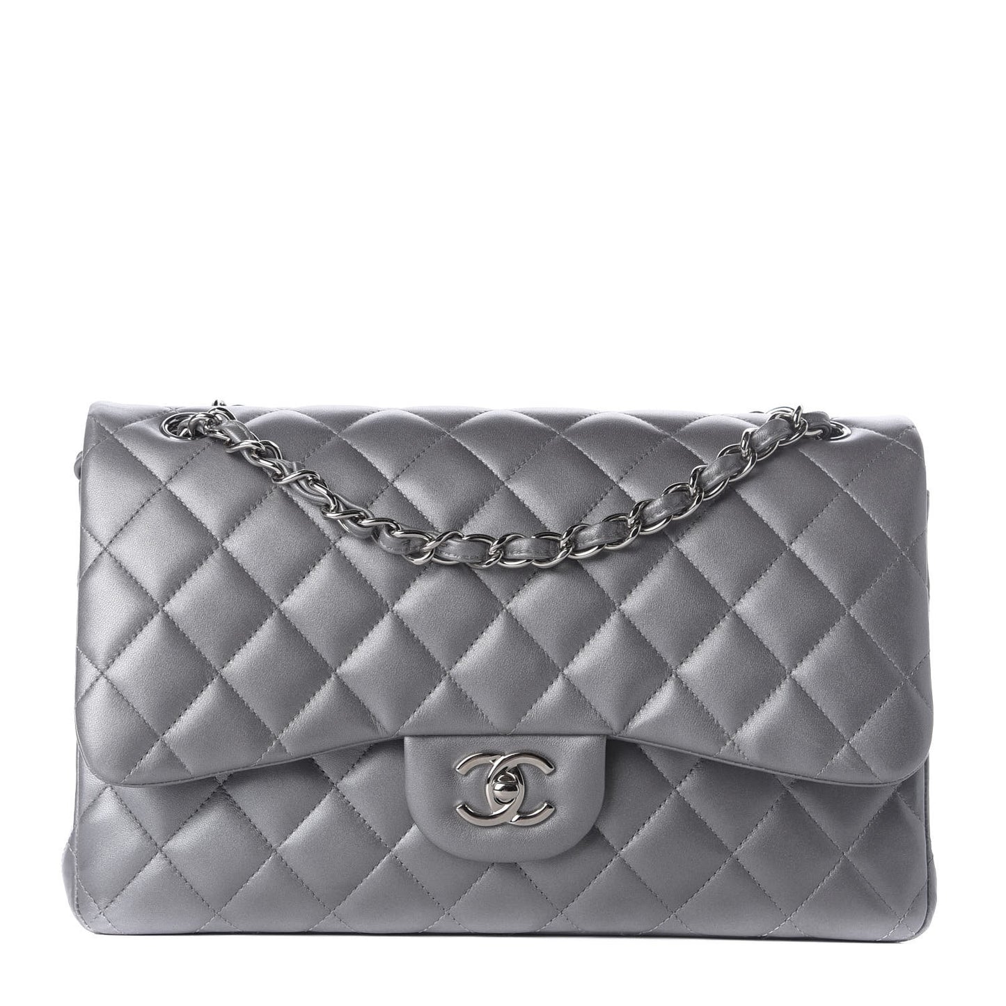 Metallic Lambskin Quilted Jumbo Double Flap Grey