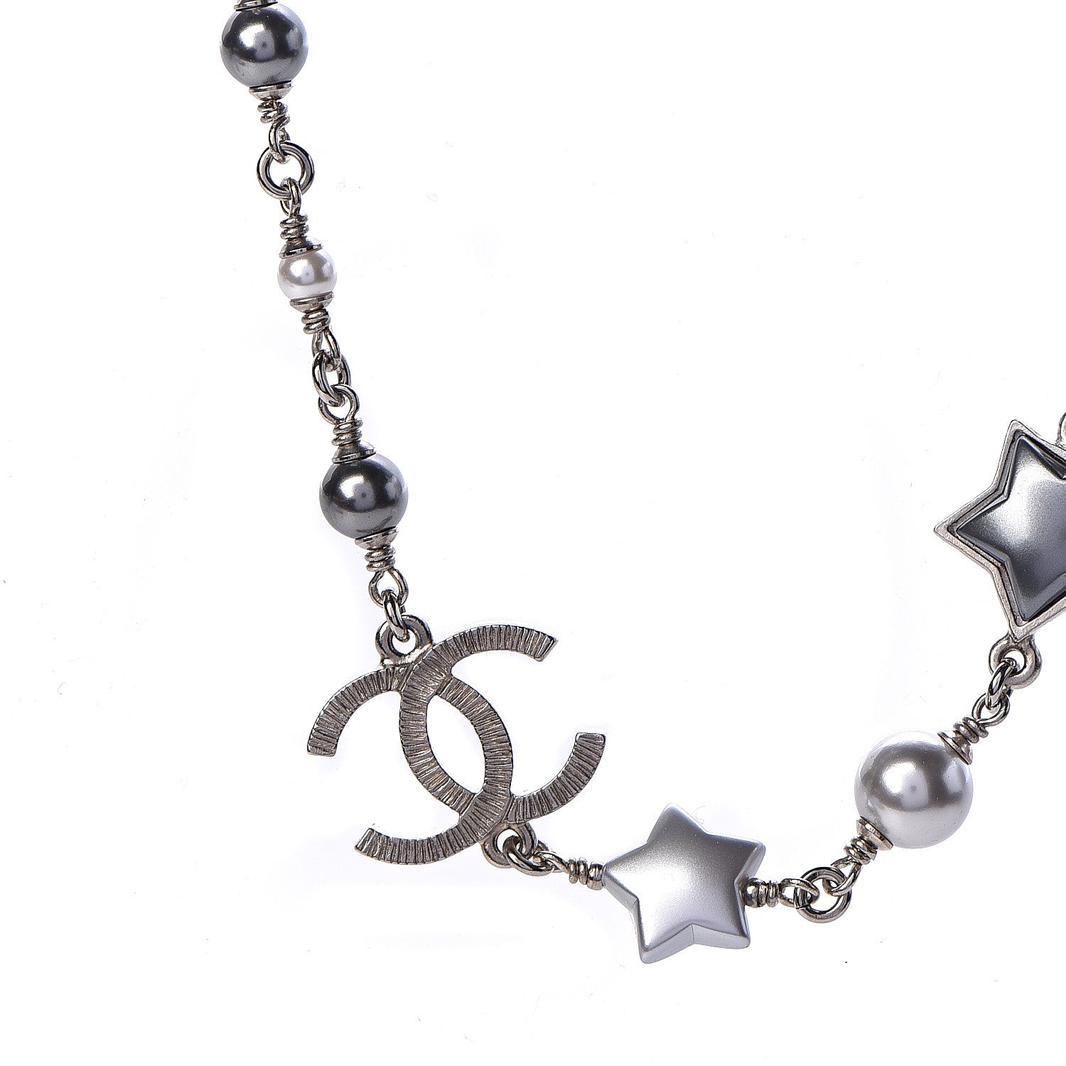 Chanel Metal Resin Pearl Star CC Necklace Silver 4 of 6