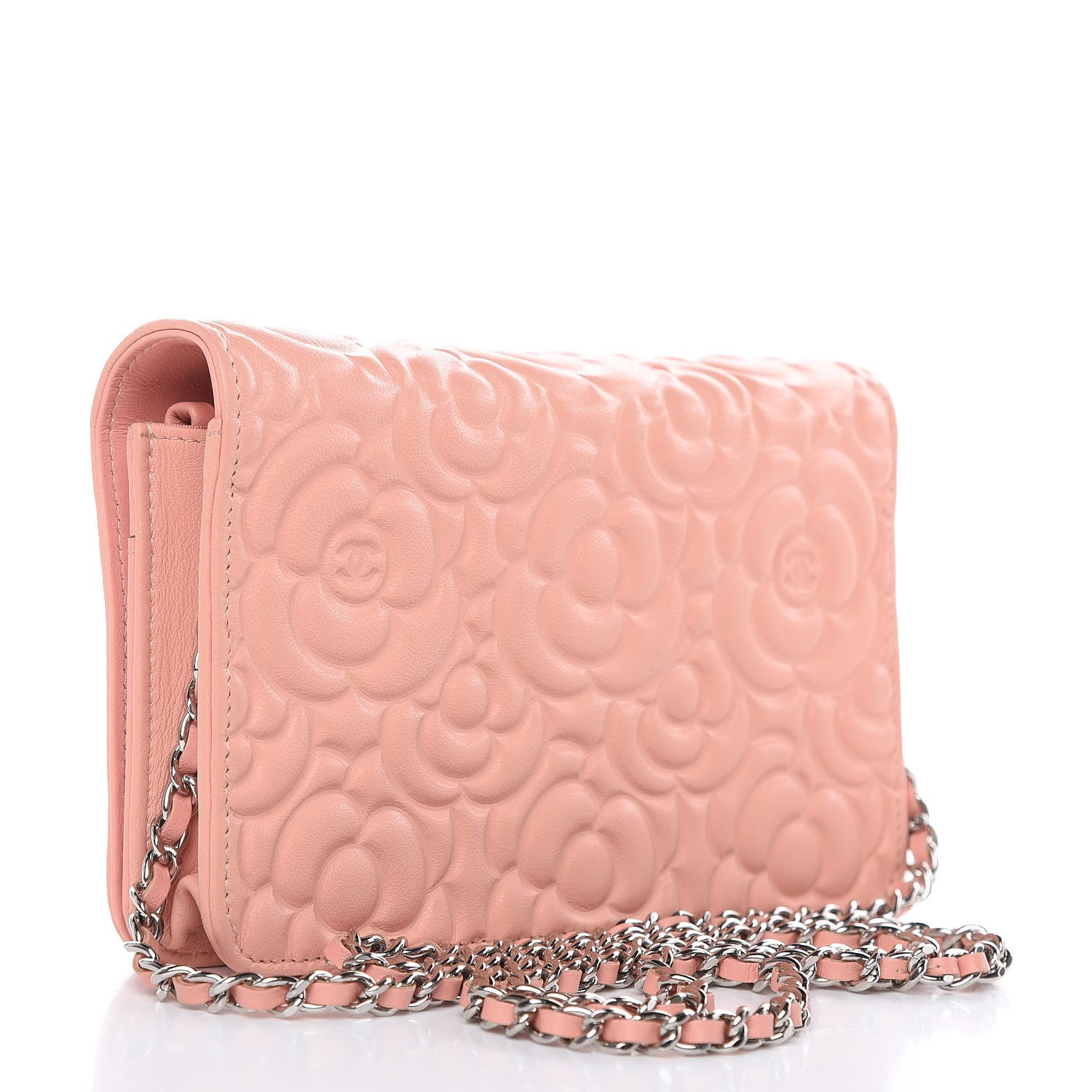 Chanel Goatskin Camellia Embossed Wallet On Chain WOC Light Pink 3 of 12
