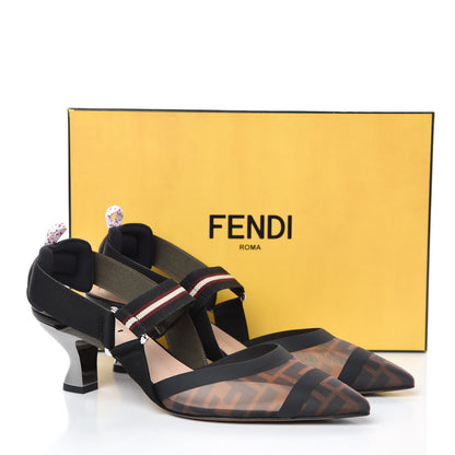 Fendi Technical Mesh FF Colibri 55mm Slingback Pumps 39 Tobacco Moro Bordeaux Black Militare 8 of 8