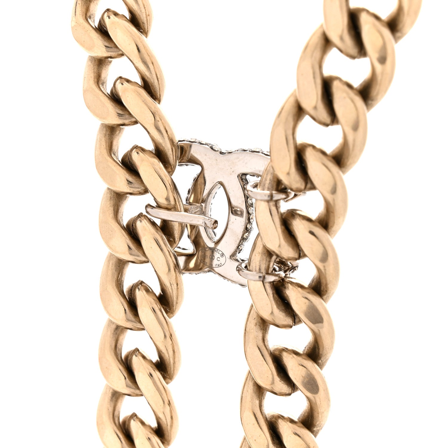 Chanel Chain Link Crystal CC Dog Tag Charm Necklace Gold 4 of 5