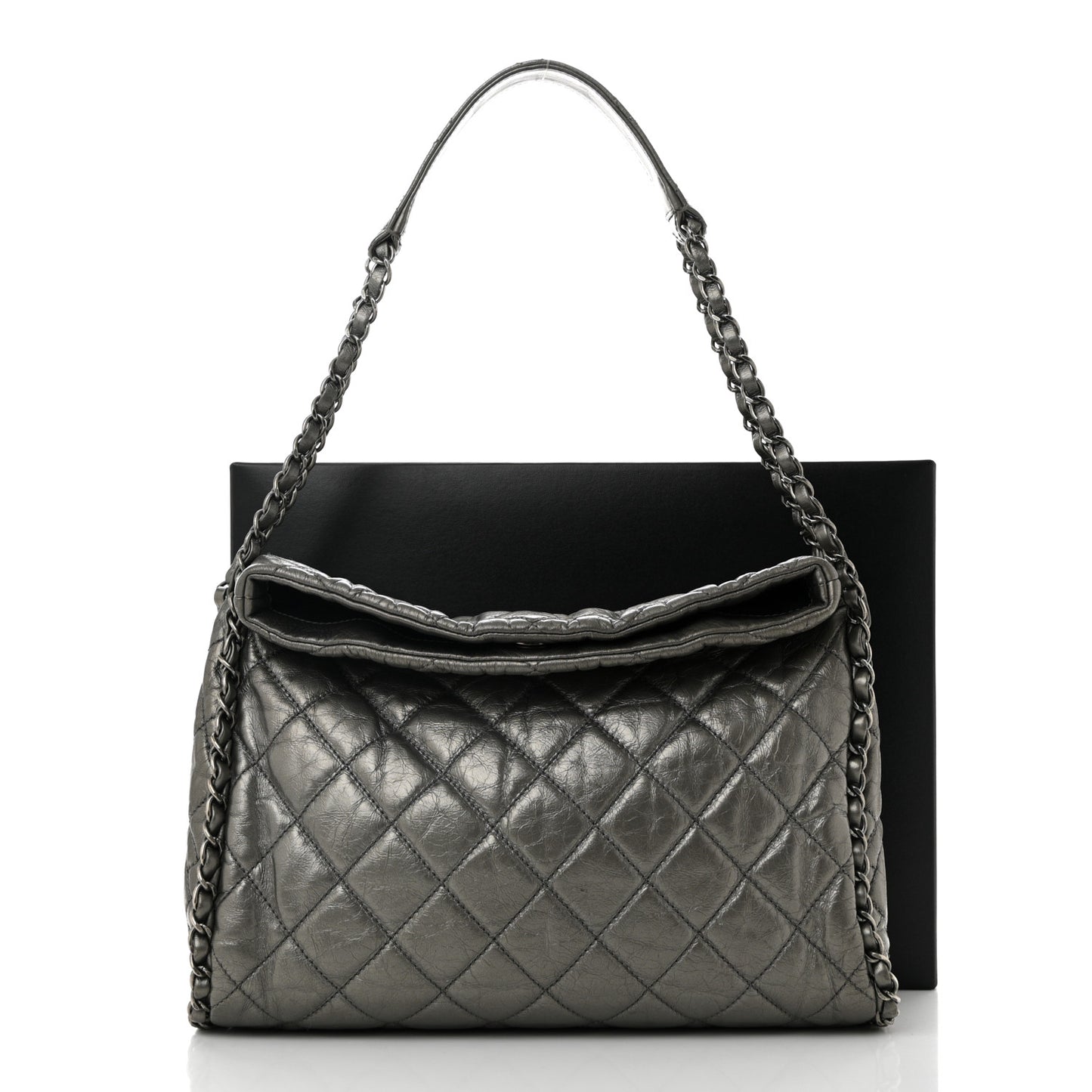 Metallic Calfskin Quilted Medium Chain Me Hobo Dark Silver