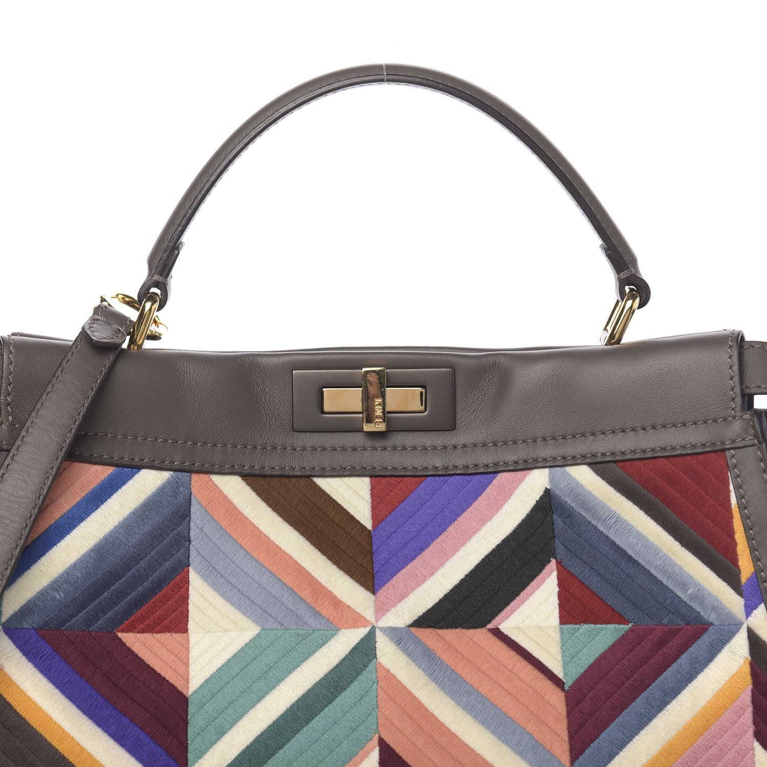 Fendi Calfskin Geometric Embroidered Large Peekaboo Iconic Satchel Grey 9 of 11