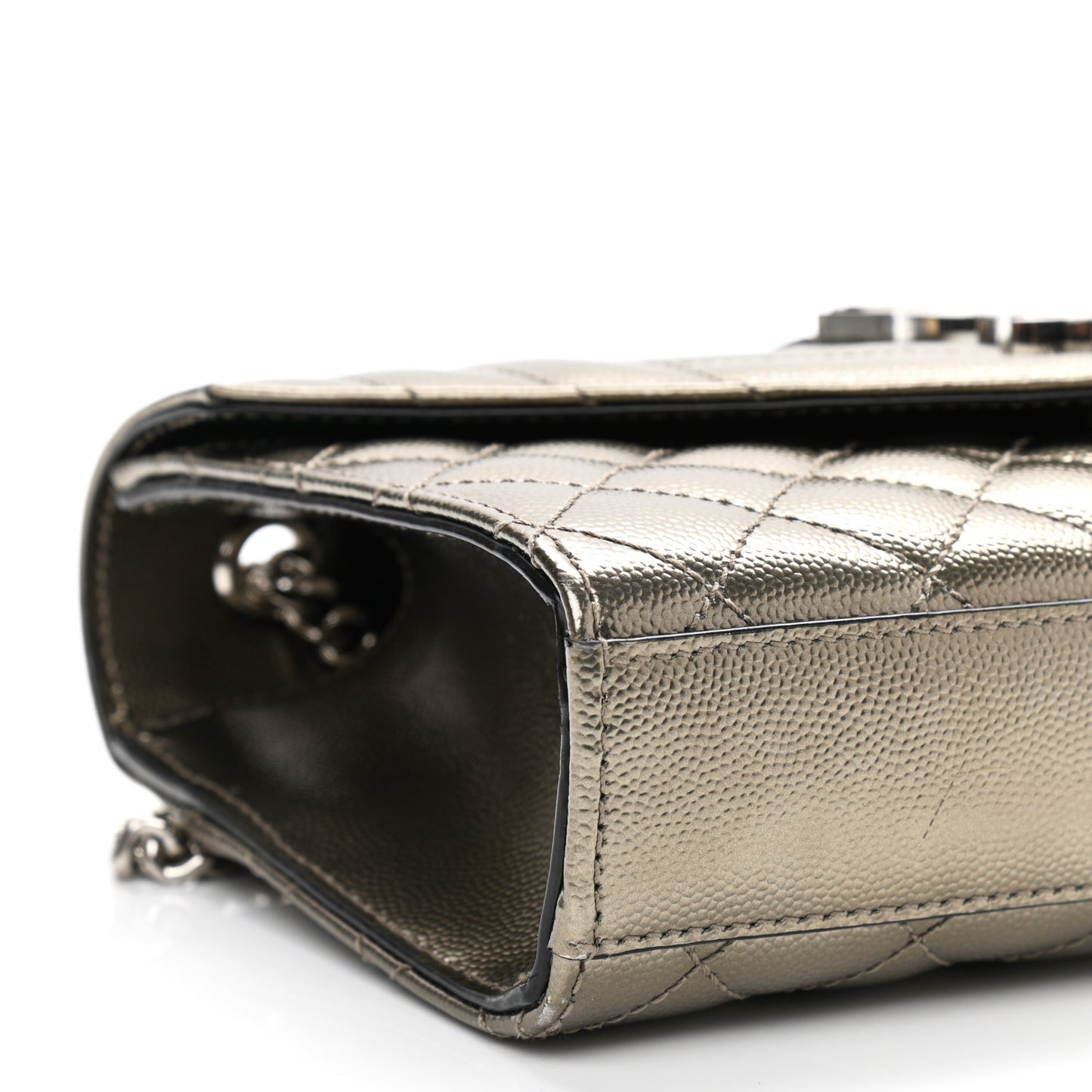Metallic Grain De Poudre Textured Mixed Matelasse Triquilt Small Monogram Satchel Gold