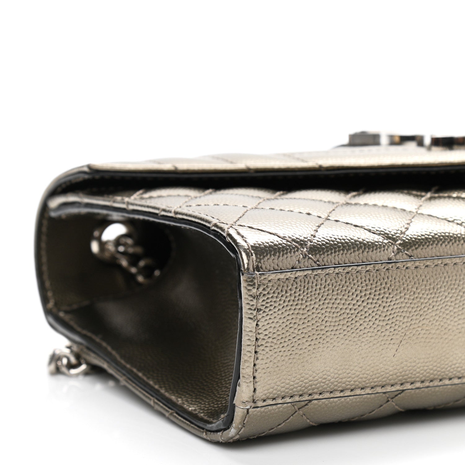 Saint Laurent Metallic Grain De Poudre Textured Mixed Matelasse Triquilt Small Monogram Satchel Gold 9 of 10