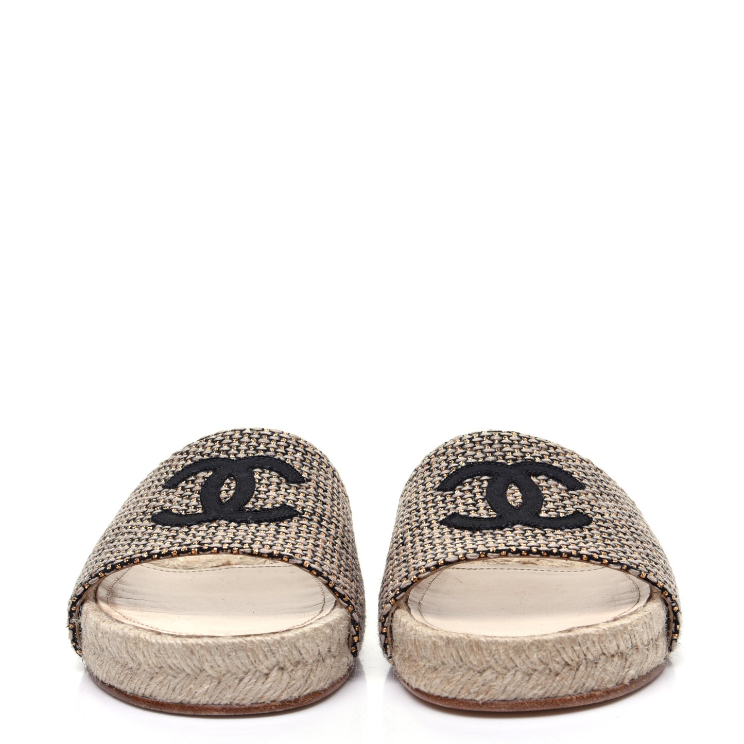Metallic Tweed CC Espadrille Slip On Sandals 37 Beige Black