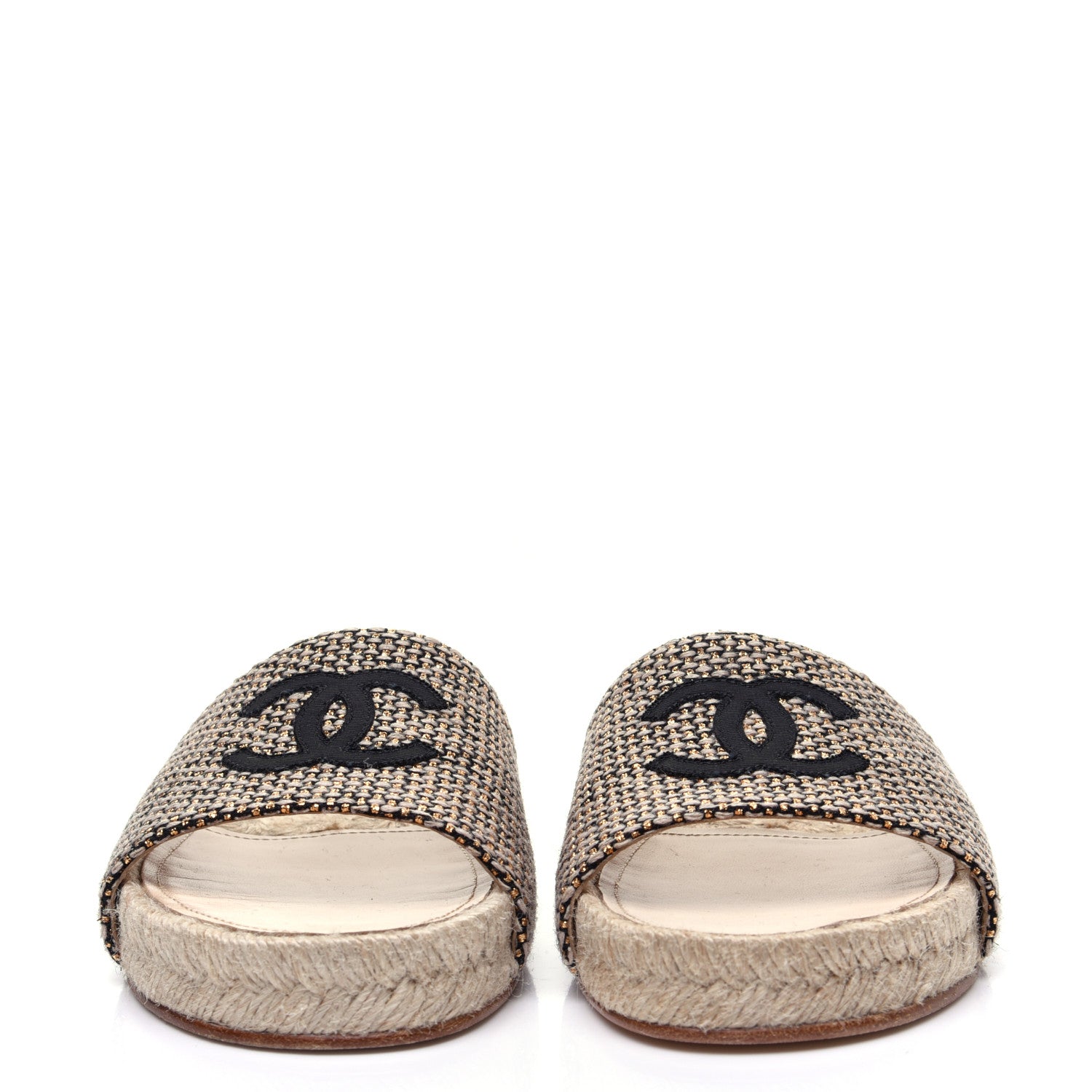 Chanel Metallic Tweed CC Espadrille Slip On Sandals 37 Beige Black 2 of 11