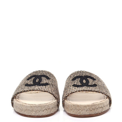 Chanel Metallic Tweed CC Espadrille Slip On Sandals 37 Beige Black 2 of 11