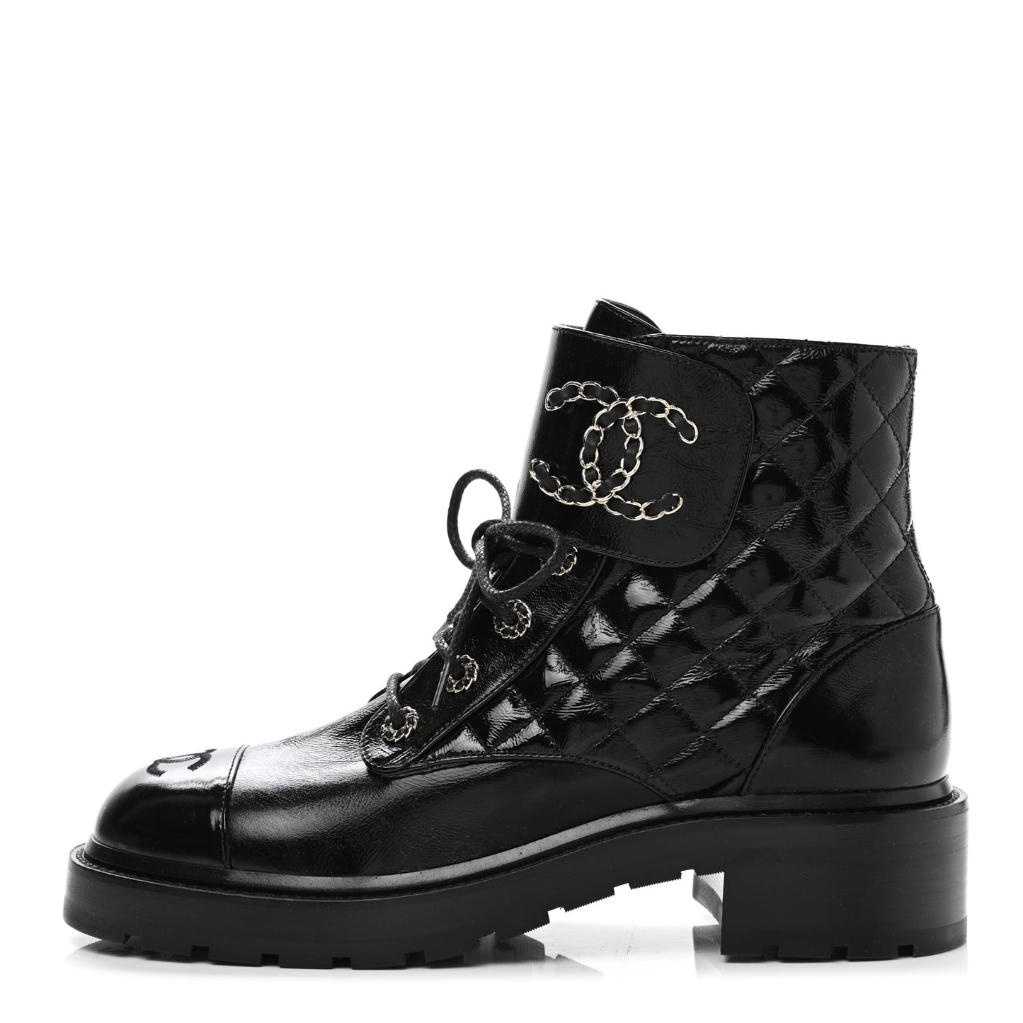 Shiny Lambskin Quilted Lace Up Combat Boots 40.5 Black