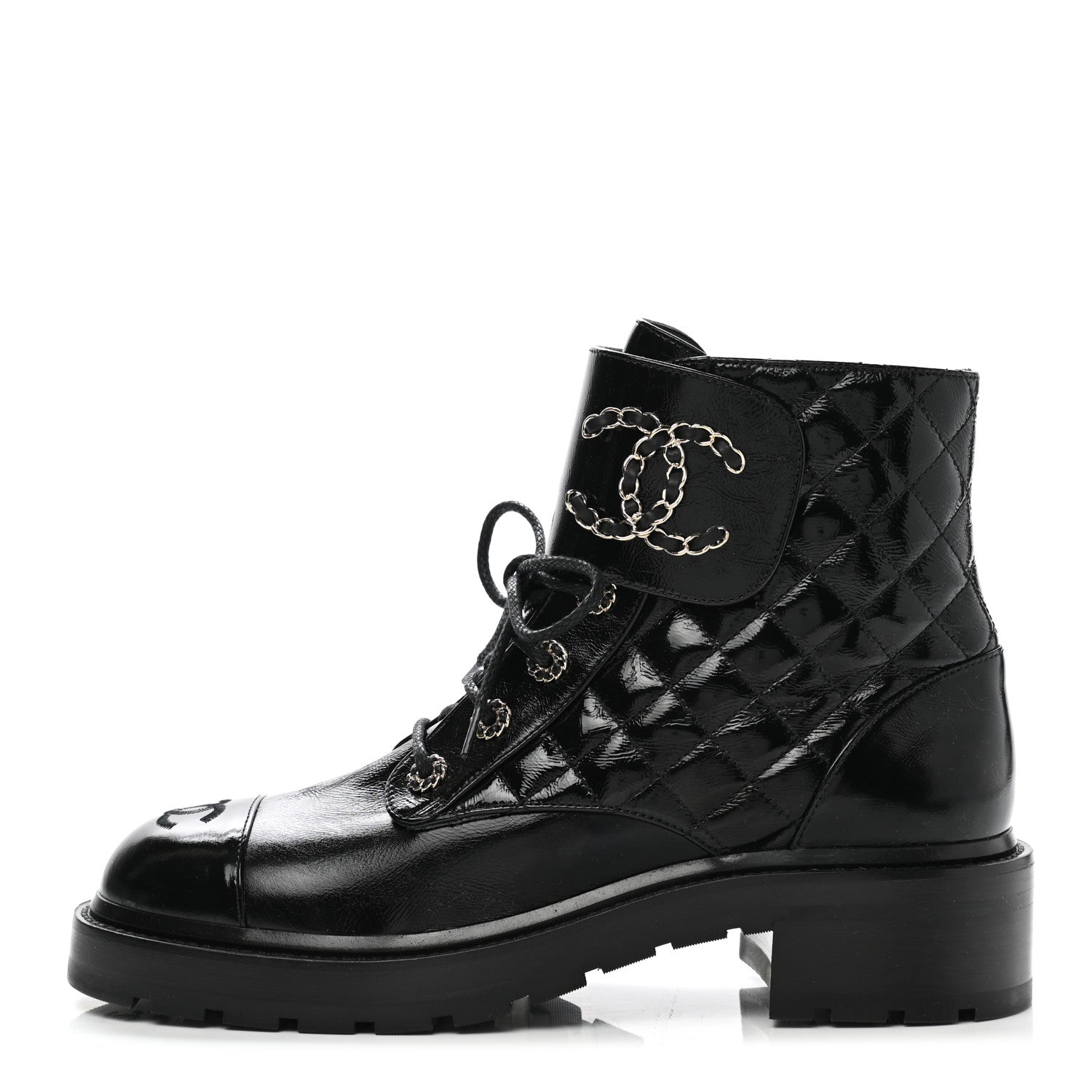 Chanel Shiny Lambskin Quilted Lace Up Combat Boots 40.5 Black 1 of 9