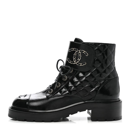 Chanel Shiny Lambskin Quilted Lace Up Combat Boots 40.5 Black 1 of 9