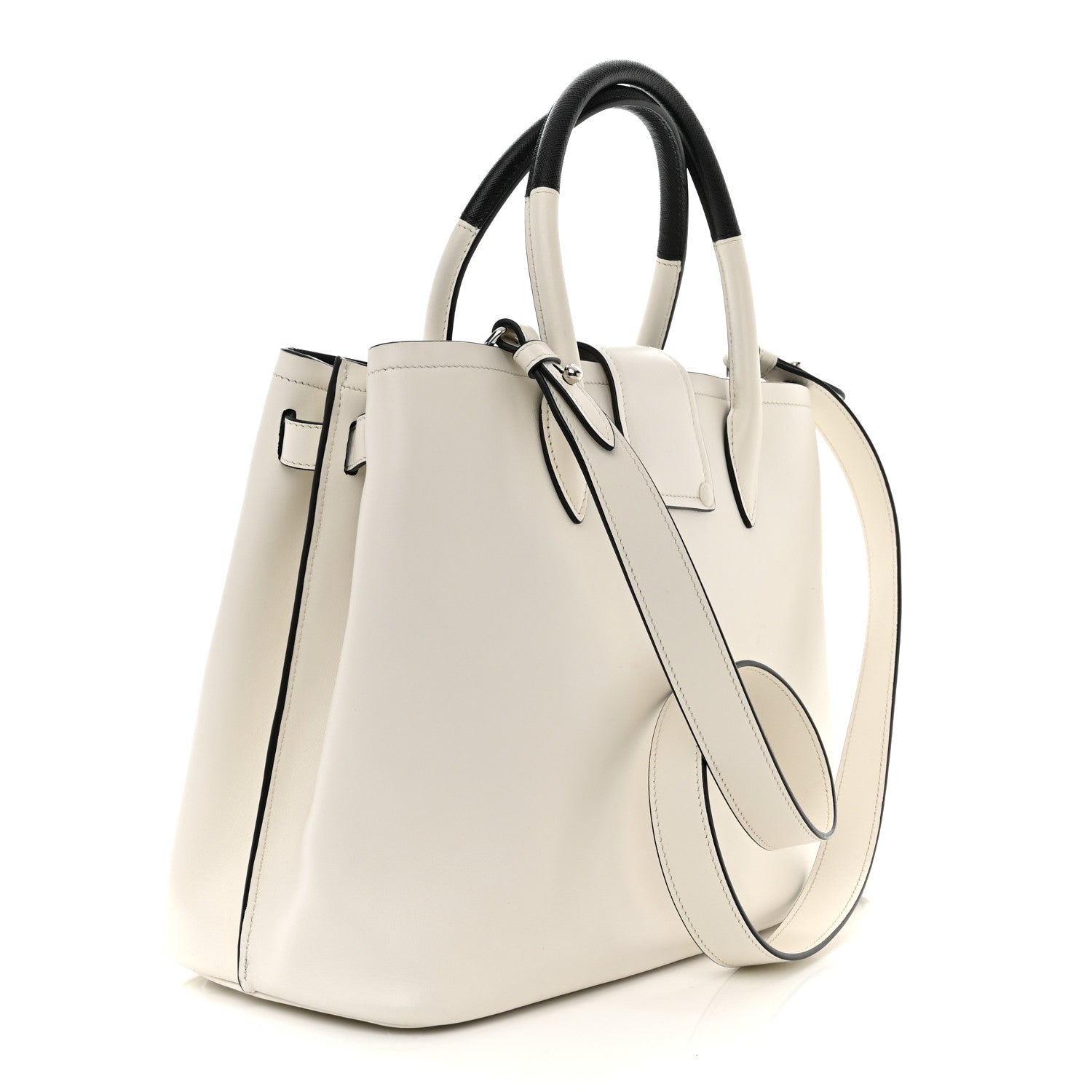 Prada Soft Calfskin Ribbon Tote White Black 3 of 10